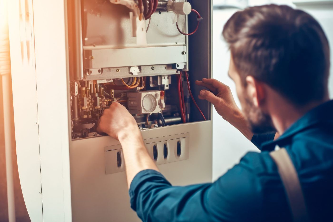 Technician in blue uniform inspecting interior components of white heating system unit