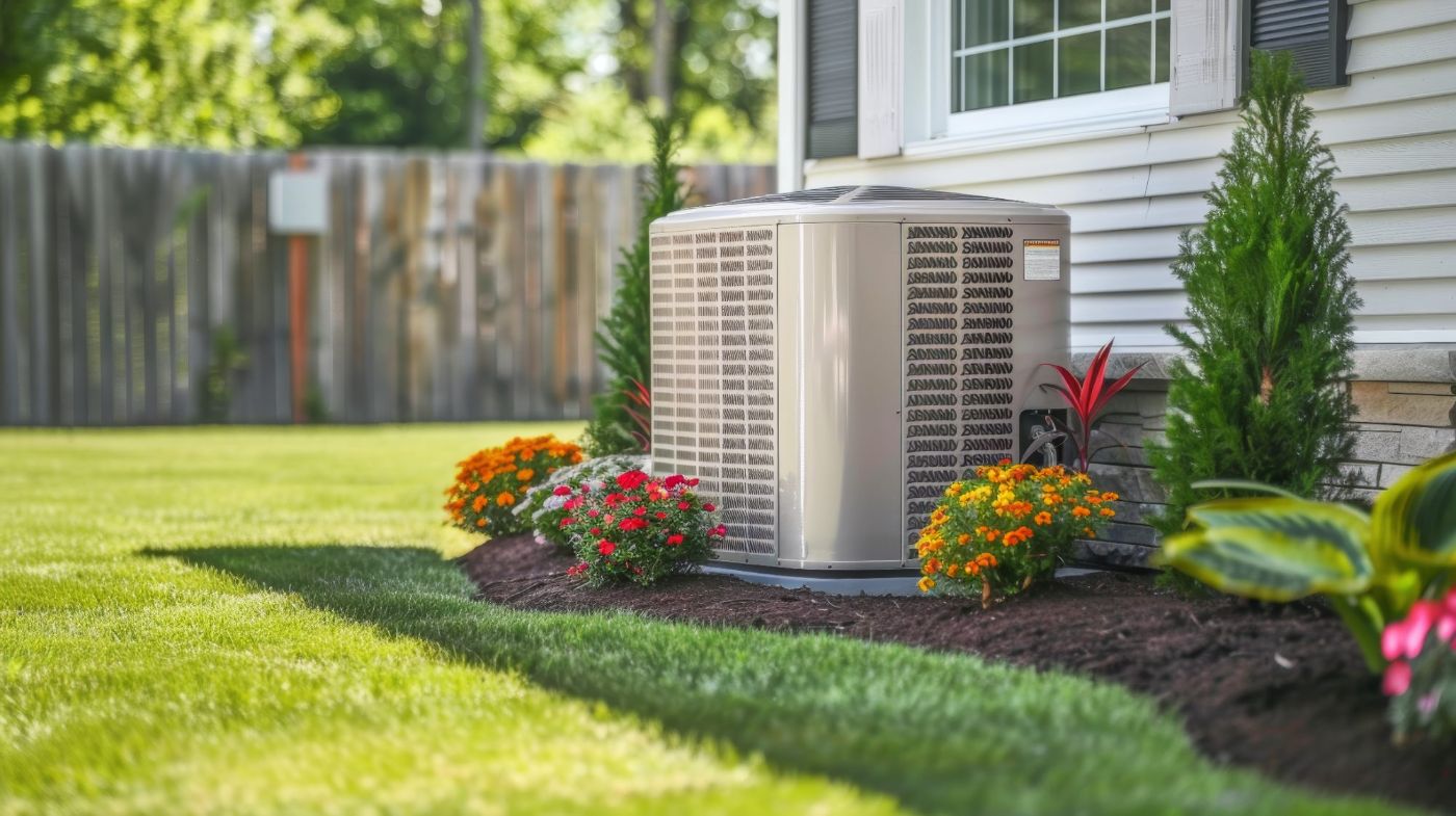 HVAC air conditioning unit landscaped with colorful flowers in residential backyard