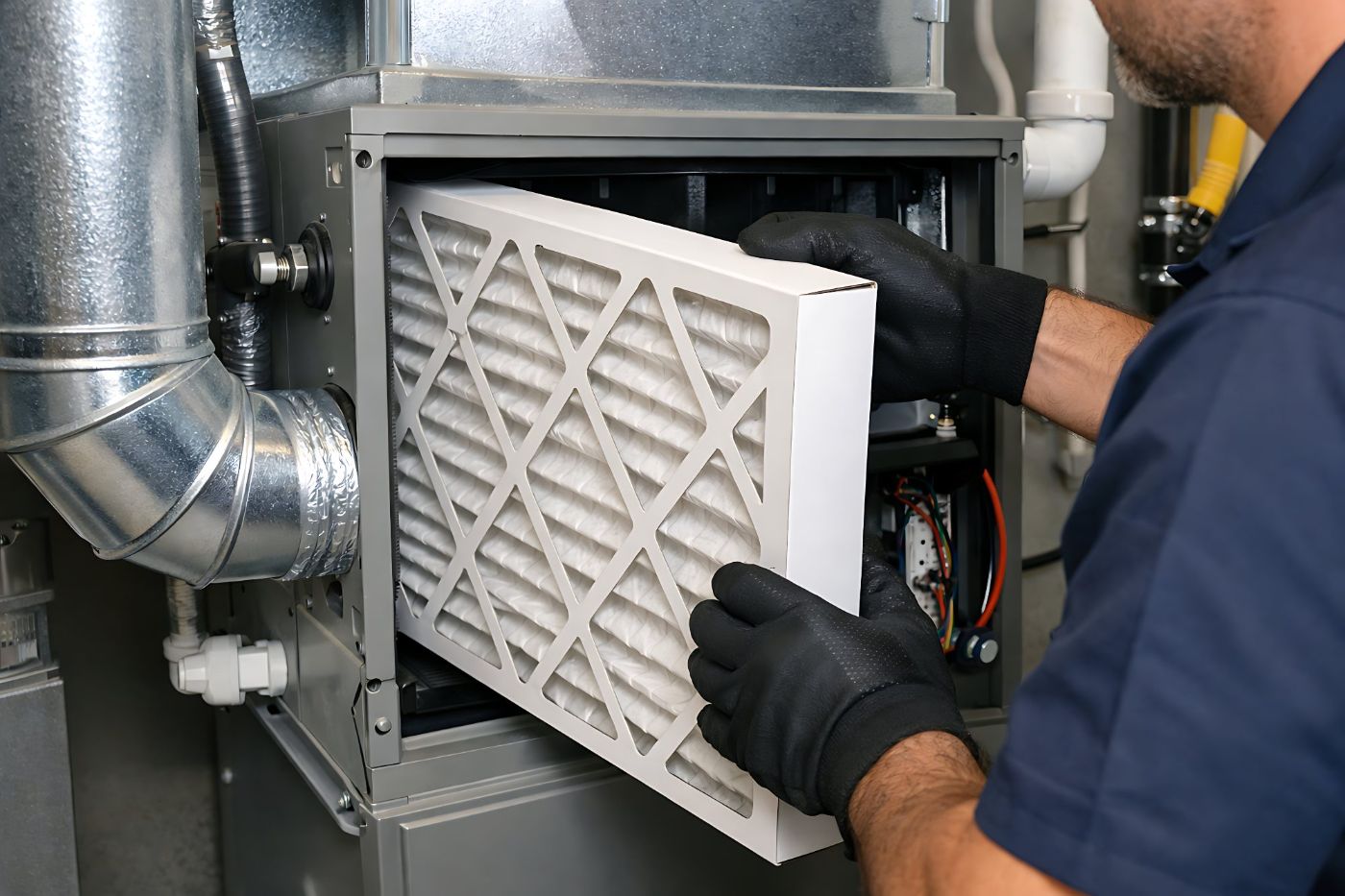 HVAC technician replacing pleated air filter in furnace unit while wearing work gloves