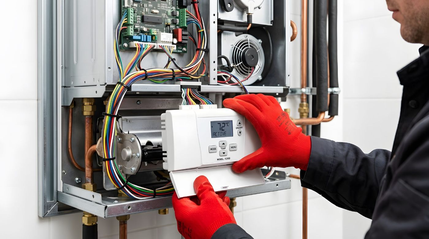 Technician in red gloves installing digital thermostat on heating system control panel