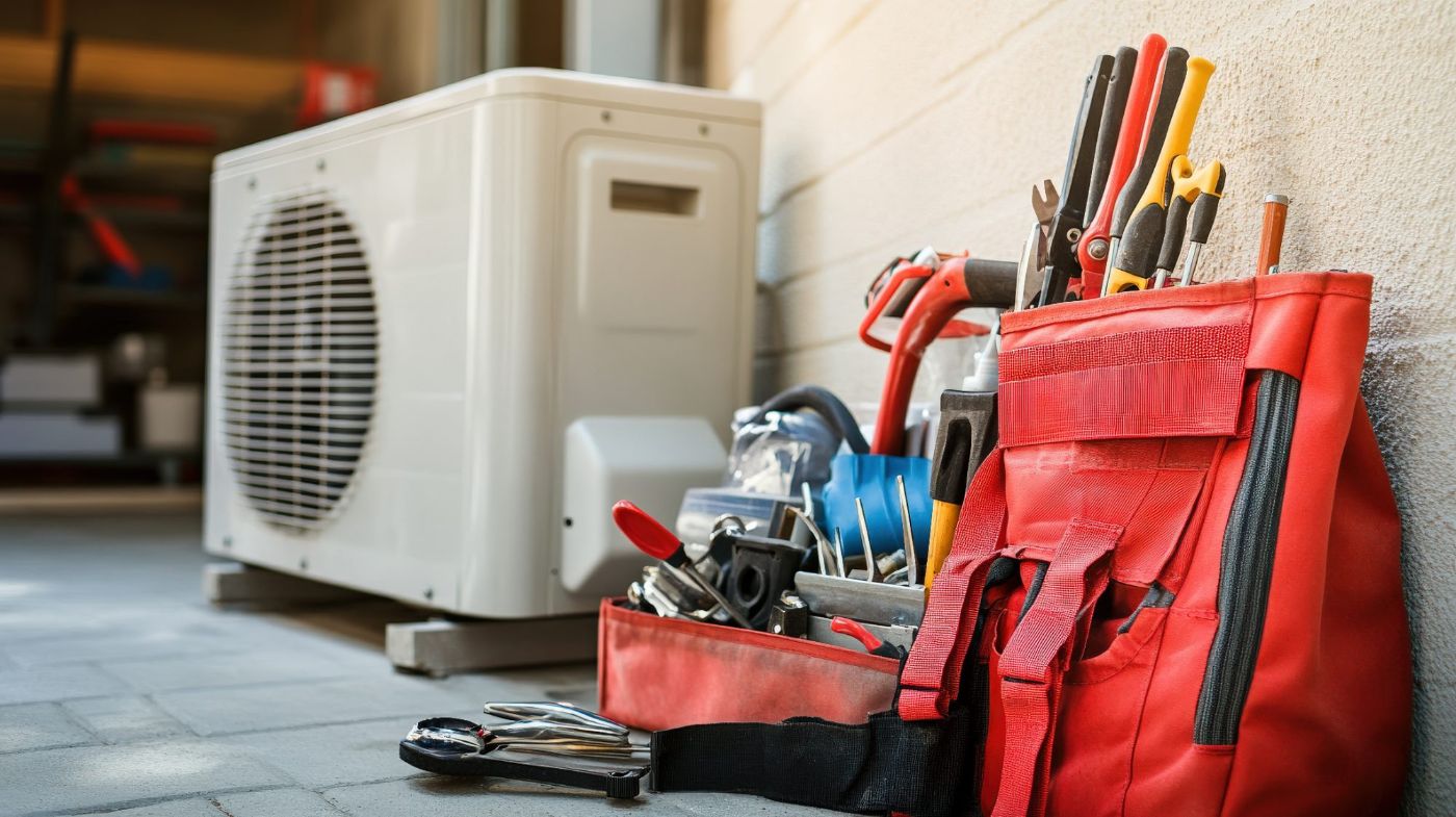 Red tool bag with various hand tools next to HVAC outdoor unit against wall